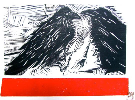 woodcut, Ravens 